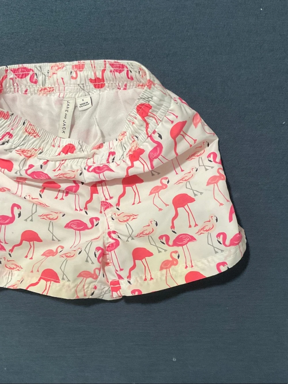 Janie and Jack White Swim Trunks with Pink Flamingo Print